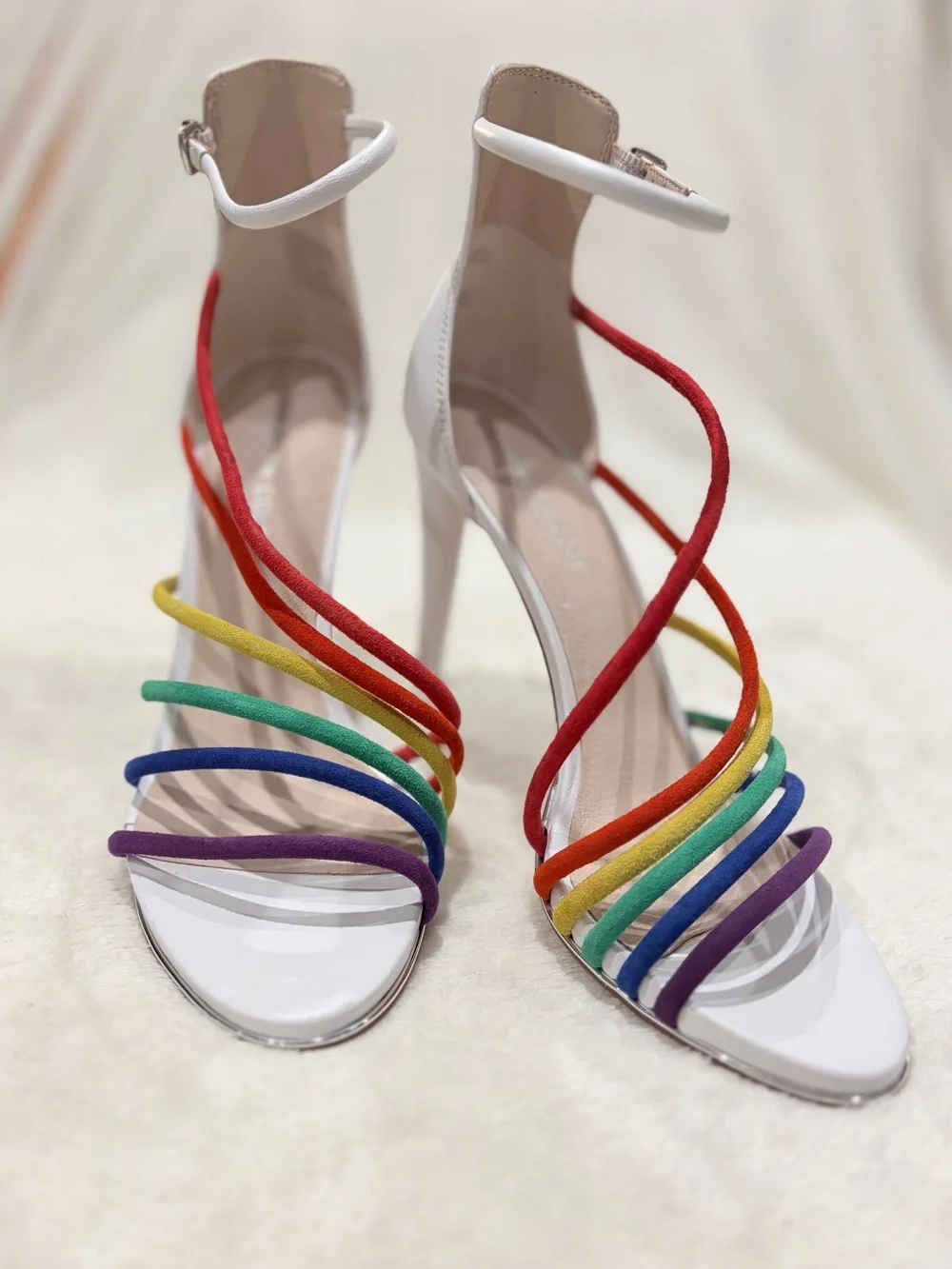 Kenneth Cole NY Barletta White Stiletto‎ Sandals with Rainbow Straps - 8.5